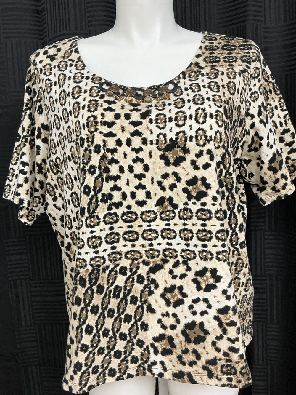 Ruby Rd. Beige and Black Leopard-Print Short Sleeve Top